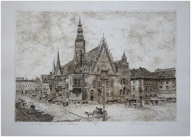 Praca „Wrocław, dorożki pod ratuszem II59/100” autorstwa Wojciech Górecki